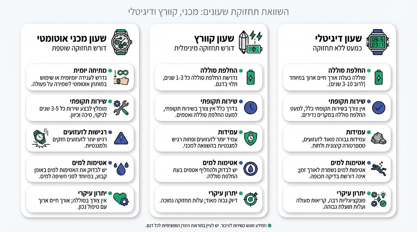 טבלת השוואה תחזוקה לפי סוג שעון